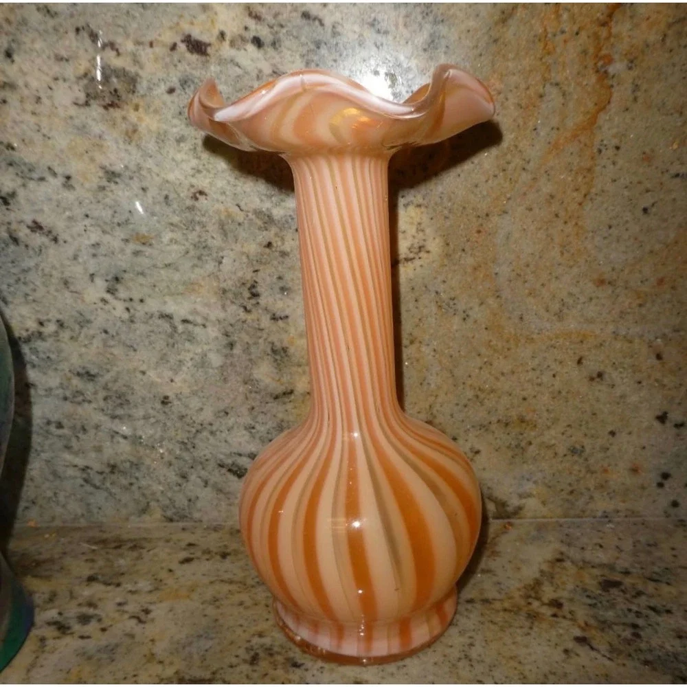 Vintage Orange White Striped Art Glass Vase Ruffled Jack in the Pulpit 9.5 Inch